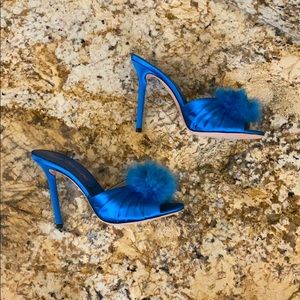 Agent provocateur blue satin Pom Pom slide heels